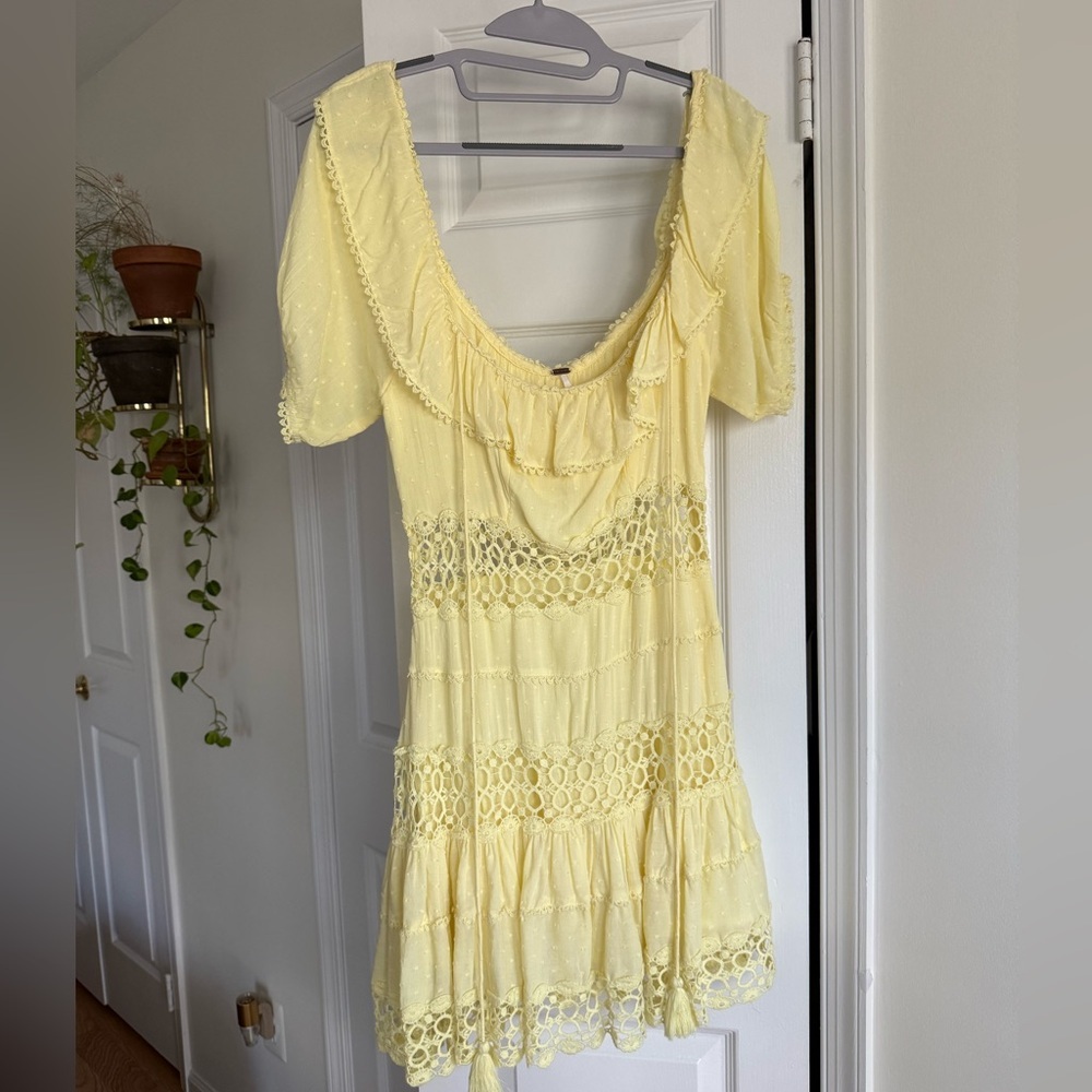 Free People Cruel Intentions Mini Dress Yellow Modal Crochet Puff Sleeve Size 4